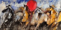 Mashkoor Raza, 24 x 48 Inch, Oil on Canvas, Horse Painting, AC-MR-638